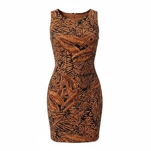 E.D Michaels Petites Pencil Dress Sz 4 Brown Palm Leaves Tropical Beach Resort